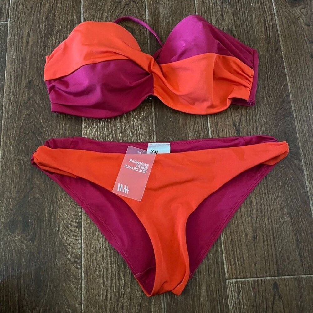 H&M Colorblock Bikini Set Pink Orange Cheeky 36D US8 Underwire Summer Vacation